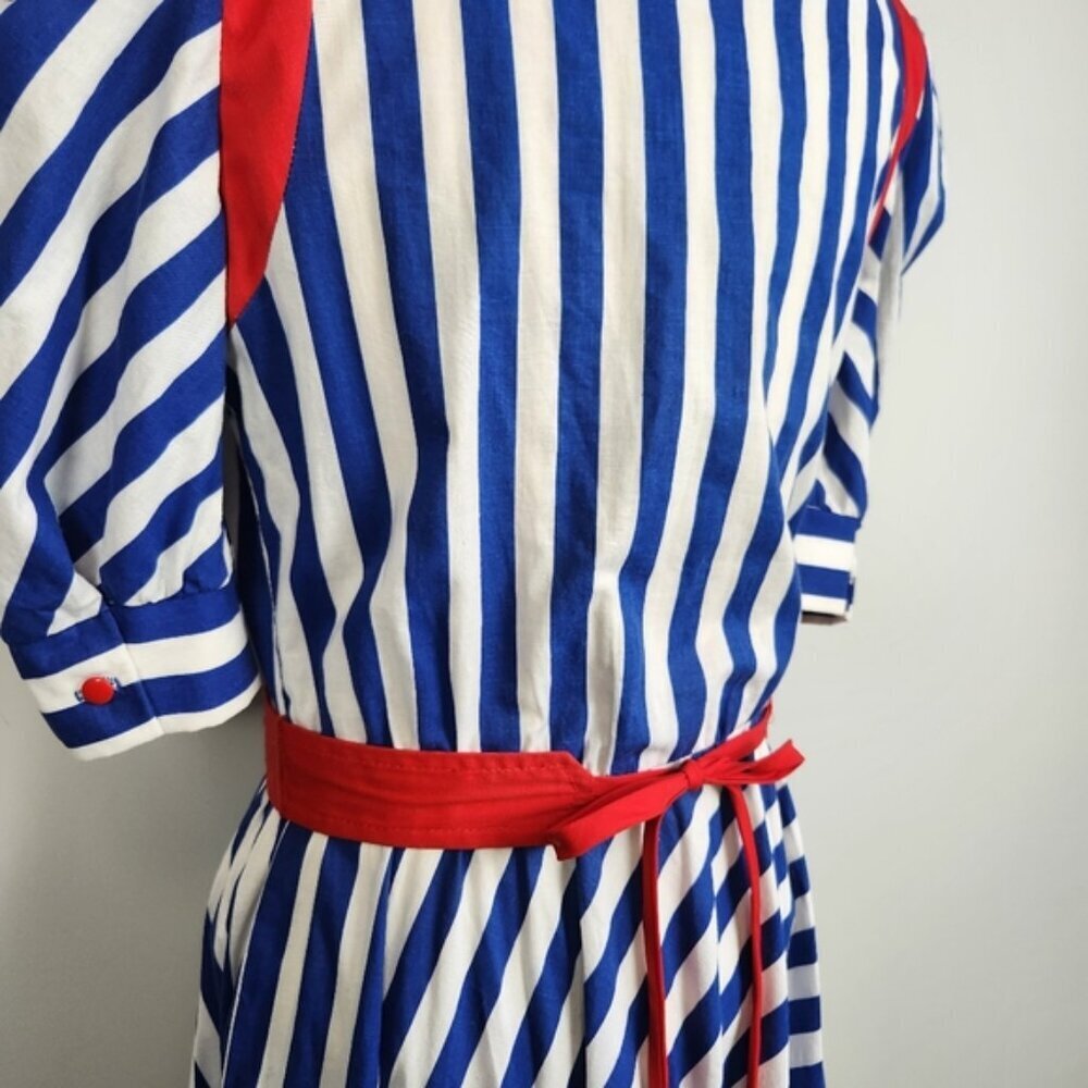 Vintage 100% Cotton Coastal Midi Dress Stripped Fits Medium Size 9 Pin Up Retro - Picture 6 of 15